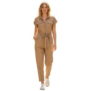 Abercrombie & Fitch Womens Linen Blend Utility Jumpsuit Tan Tie Waist Sz S